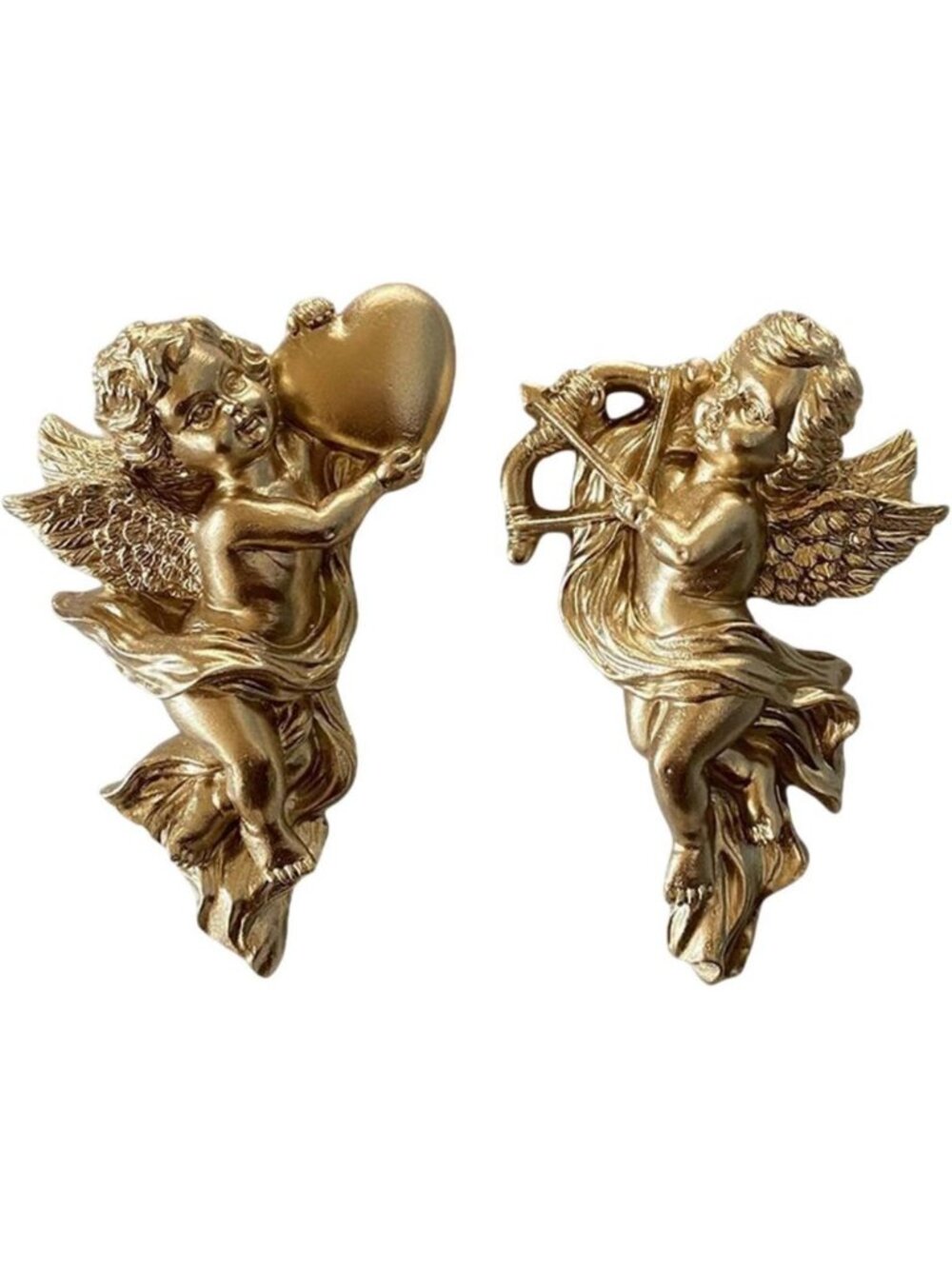 Set of 2 Gold Winged Angel Wall Sculptures - Vintage Cherub Decor, 5.3” Tall